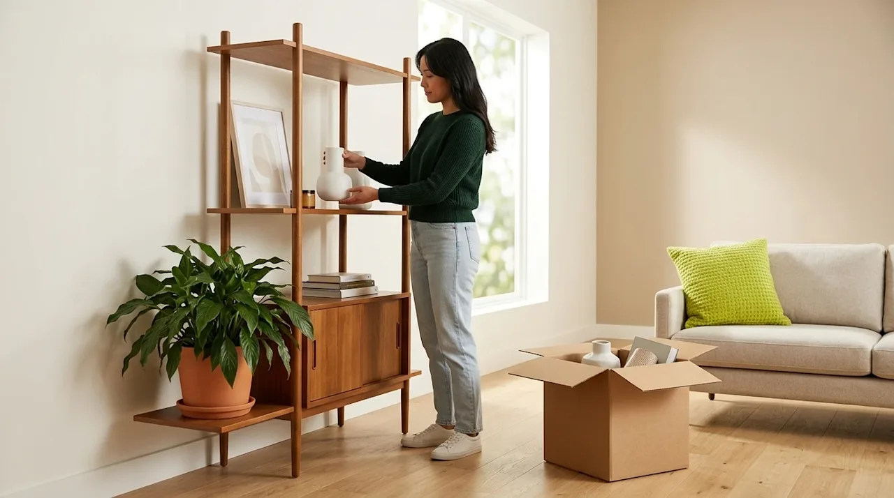 Clear, professional marketing photography of a bright, airy modern living room. A person is efficiently decorating the newly