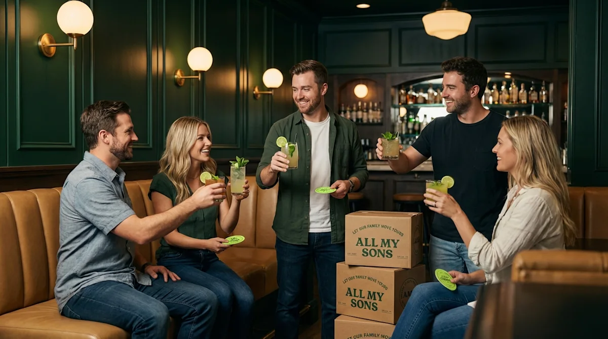 Friends celebrate a move in a Boise bar with cocktails near stacked All My Sons Moving boxes.