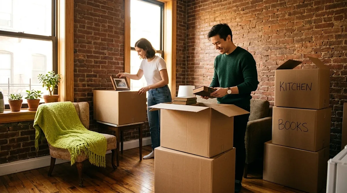 A candid, warm lifestyle photograph of a cozy, small New York City apartment during a move-in day. The compact space features
