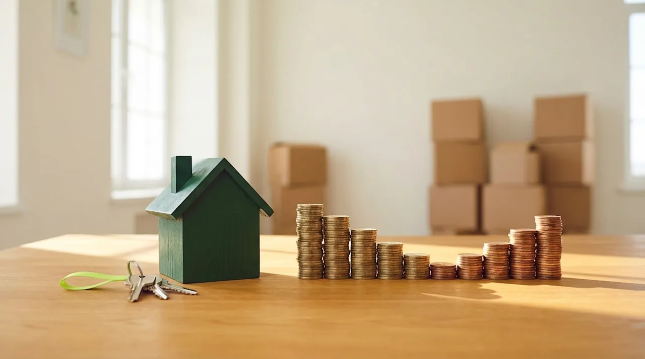 Green house model, keys, and coin stacks representing mortgage rates with moving boxes in background.