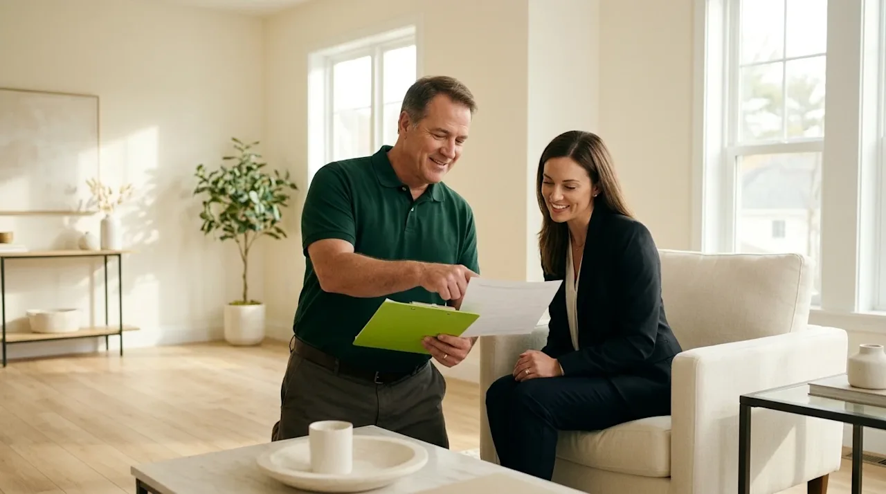 Professional marketing photography of a home inspector discussing details with a homeowner in a bright, modern living room. T