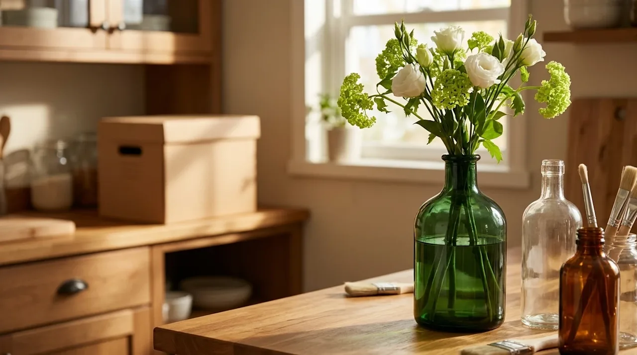 Professional marketing photography, lifestyle editorial shot of old glass bottles being repurposed as elegant home decor in a