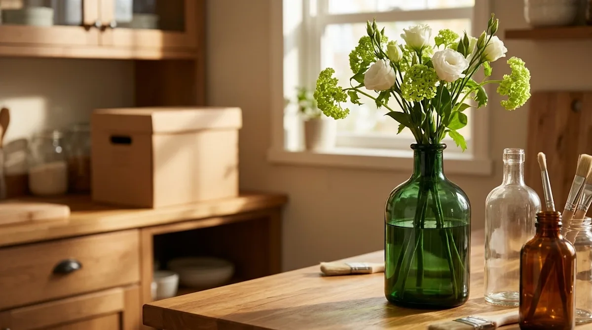 Professional marketing photography, lifestyle editorial shot of old glass bottles being repurposed as elegant home decor in a