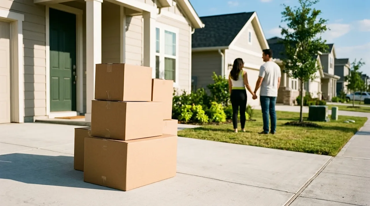 A candid, warm lifestyle photograph of a pristine, newly constructed modern suburban home in a sunny, growing neighborhood. I