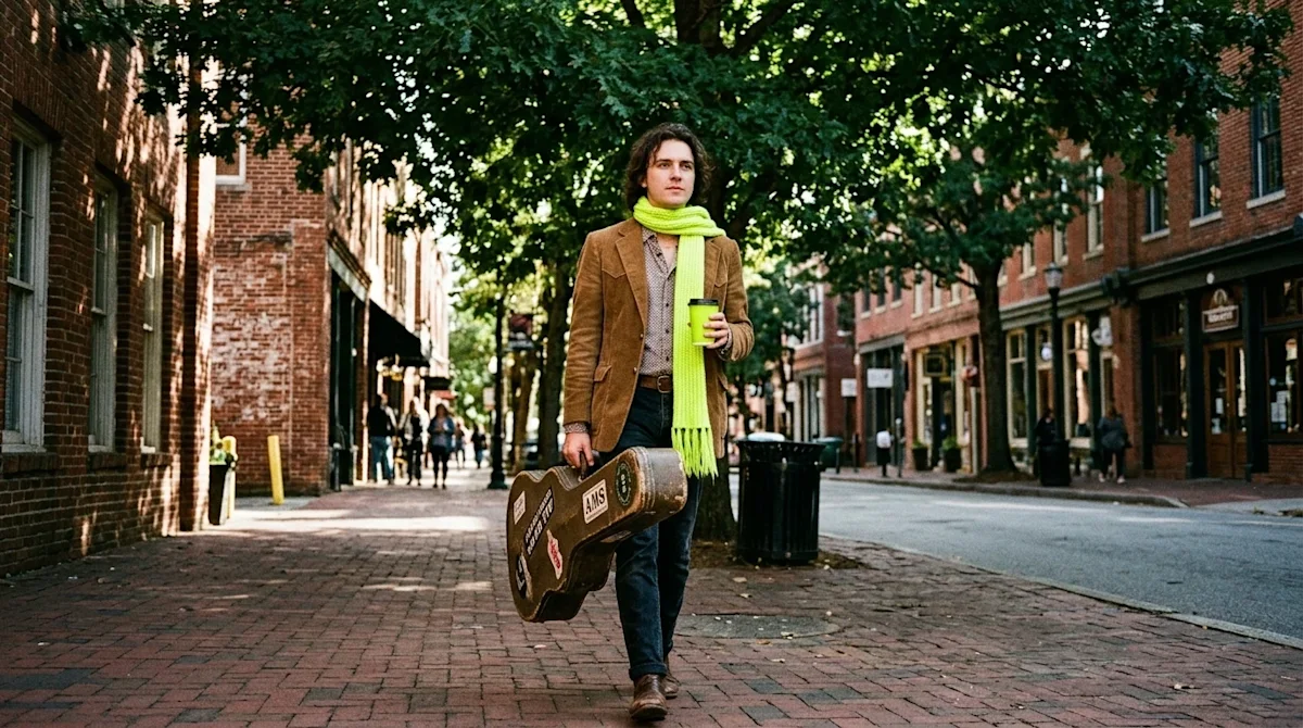 Candid lifestyle photography shot on 35mm film with a subtle direct flash, capturing an aspiring, stylish local musician walk