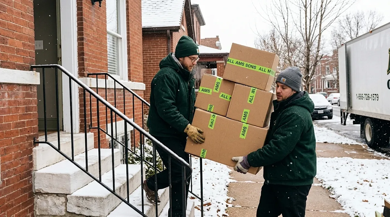 Candid, high-quality documentary-style photography of a winter moving day outside a classic red brick St. Louis home. Two pro