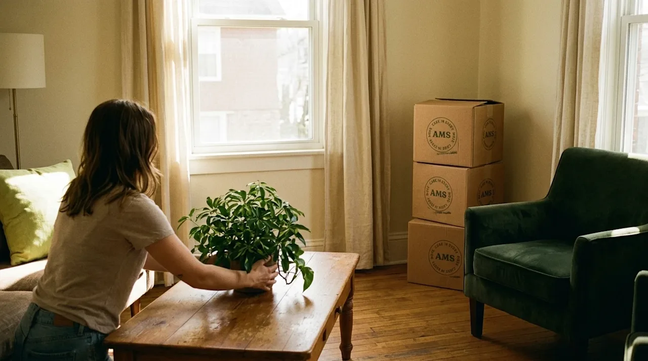 Candid 35mm film lifestyle photography of a harmonious, naturally lit living room in a classic Pittsburgh home. A person is p