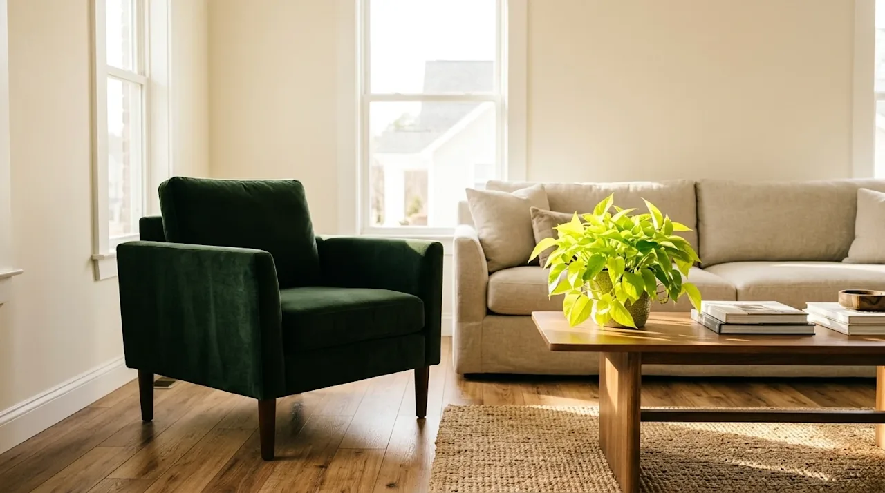 Professional marketing photography of a bright, elegantly styled home interior living room, perfectly capturing high-end inte