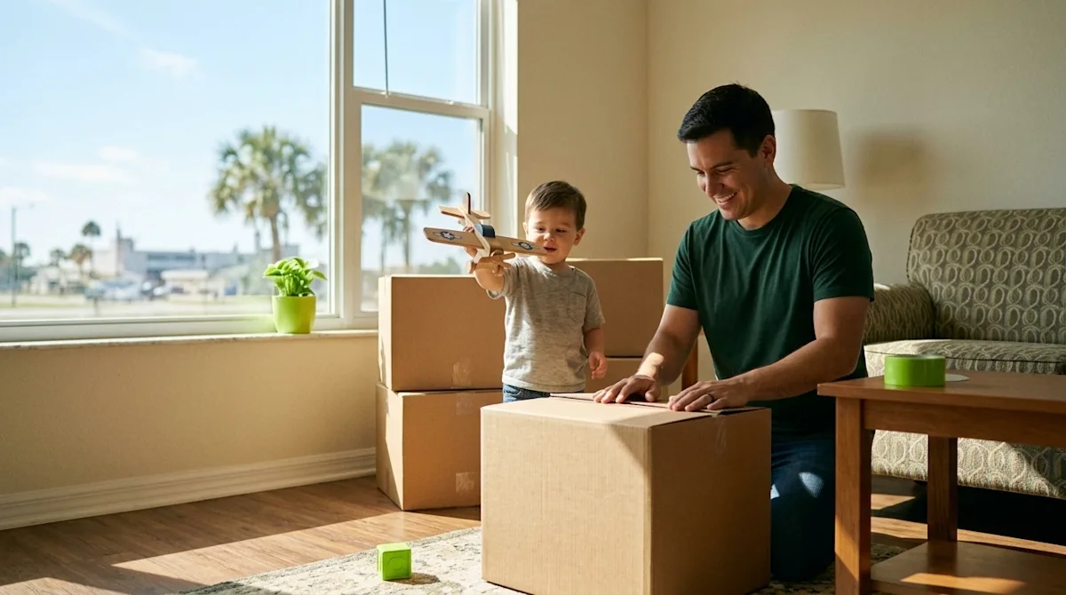Candid lifestyle photography of a happy family packing for a move in a bright, sunlit living room. A smiling parent wearing a