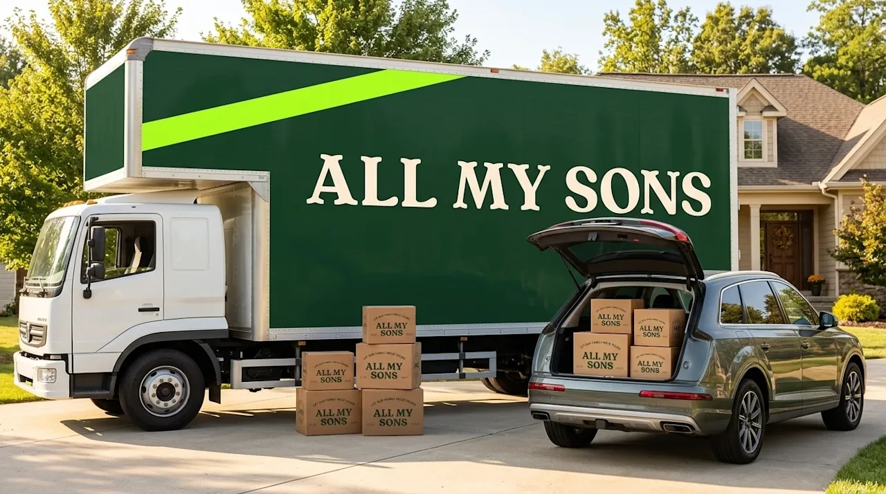 All My Sons moving truck and SUV parked on a sunny suburban driveway during a residential moving day.