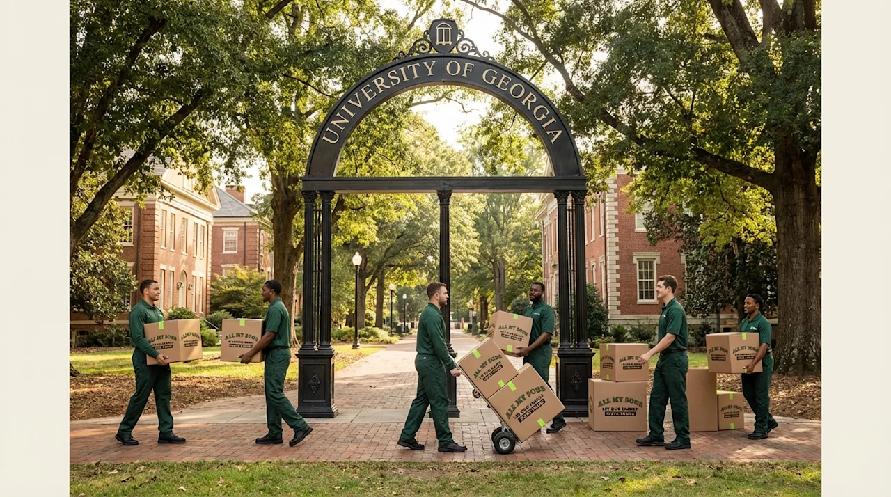 Professional movers in green uniforms carrying boxes through the University of Georgia Arch in Athens.