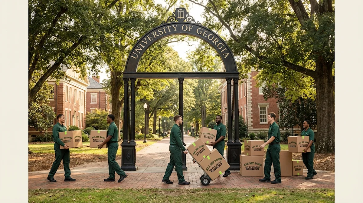 Professional movers in green uniforms carrying boxes through the University of Georgia Arch in Athens.