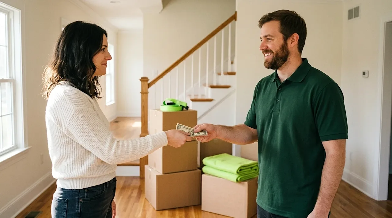 A candid lifestyle photograph of a customer handing a cash tip to a professional mover inside a newly moved-in home. The move