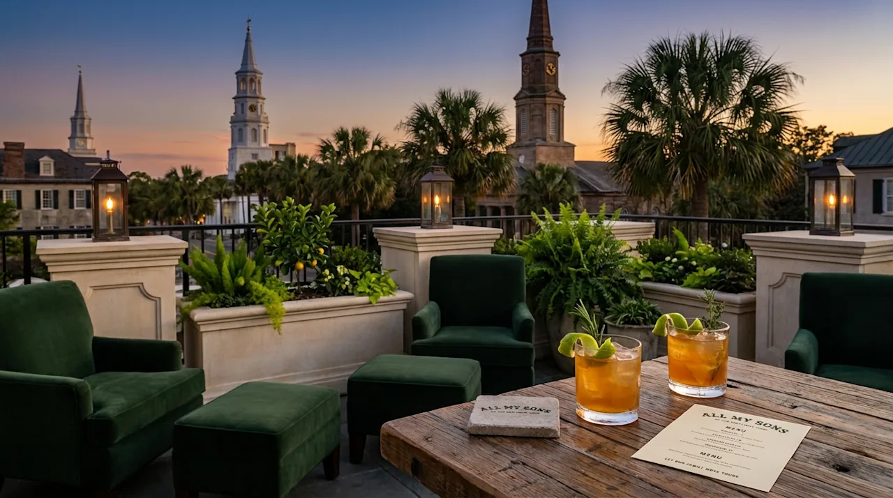 Charleston rooftop bar with green velvet seating, cocktails, and historic church steeples at twilight.