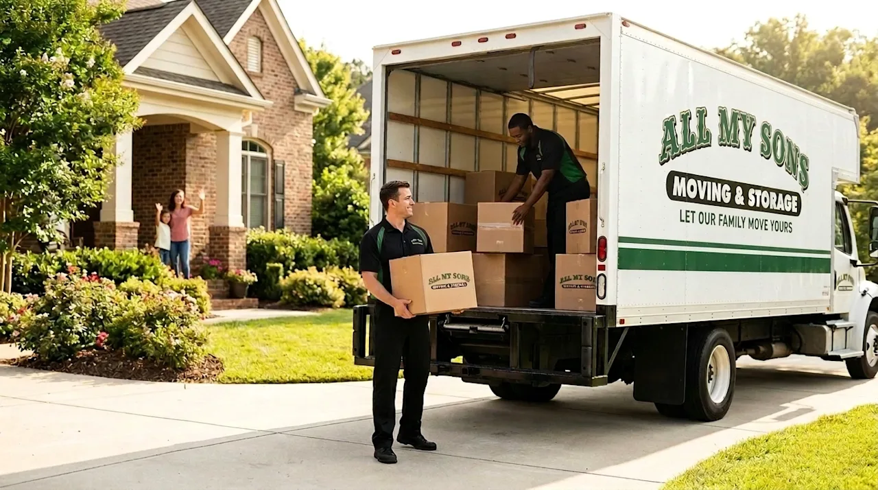 Professional All My Sons moving crew loading cardboard boxes into a moving truck at a suburban home.
