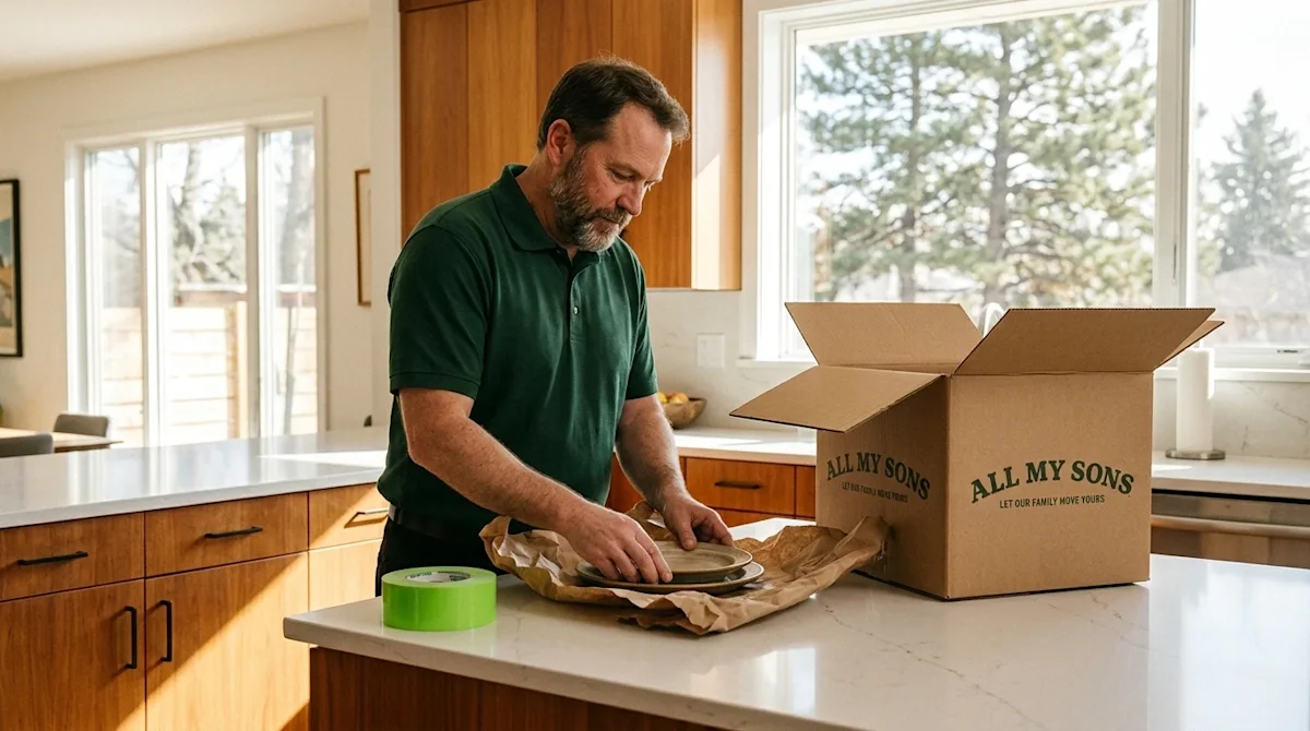 A high-quality, candid lifestyle photograph of a professional mover expertly packing delicate items in a bright, modern home.