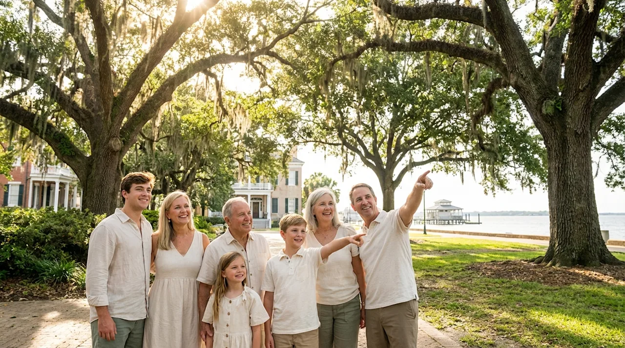 Family sightseeing in Mobile, Alabama, under mossy oak trees near the waterfront bay.