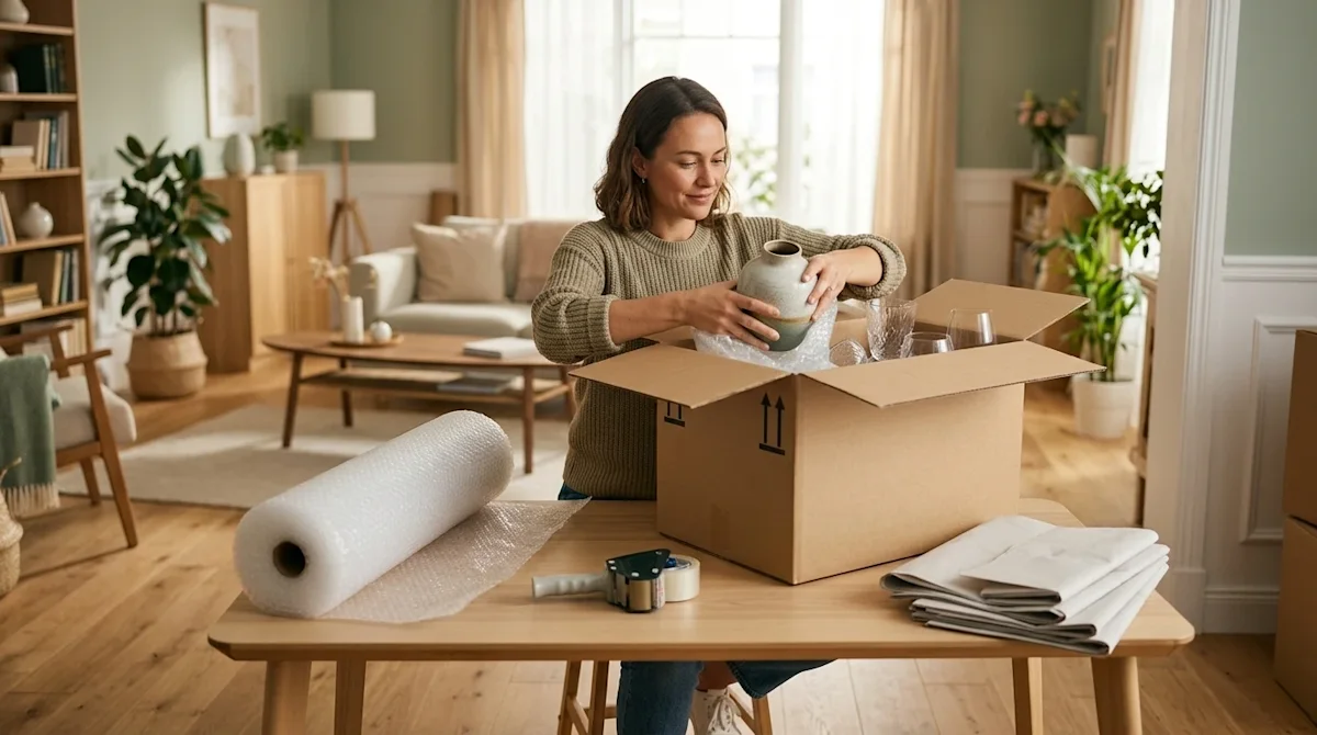 A professional lifestyle photograph of a person carefully packing delicate household items into sturdy cardboard moving boxes