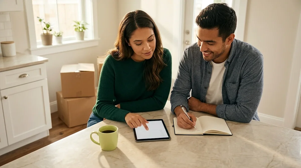 Clear, professional marketing lifestyle photography of a young couple sitting together at a bright, modern kitchen island, th