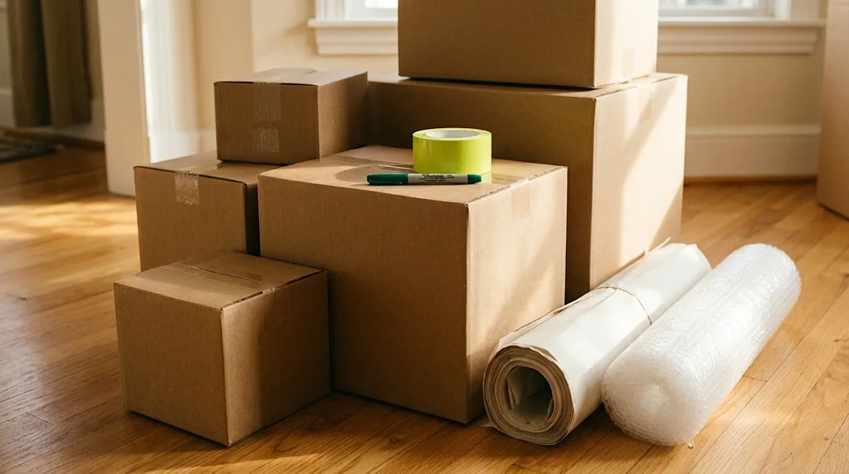 Professional candid lifestyle photography of essential moving and packing supplies arranged neatly in a warm, sunlit home int