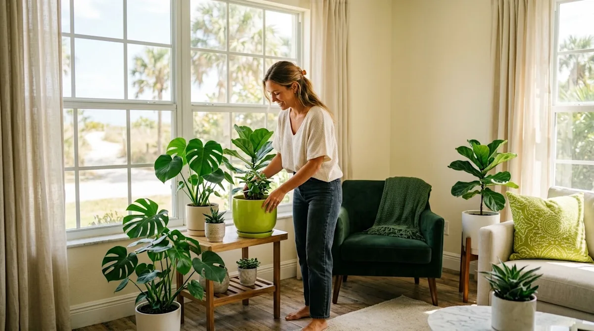 Professional marketing lifestyle photography of a bright, sunlit living room in Boynton Beach, Florida, focusing on eco-frien