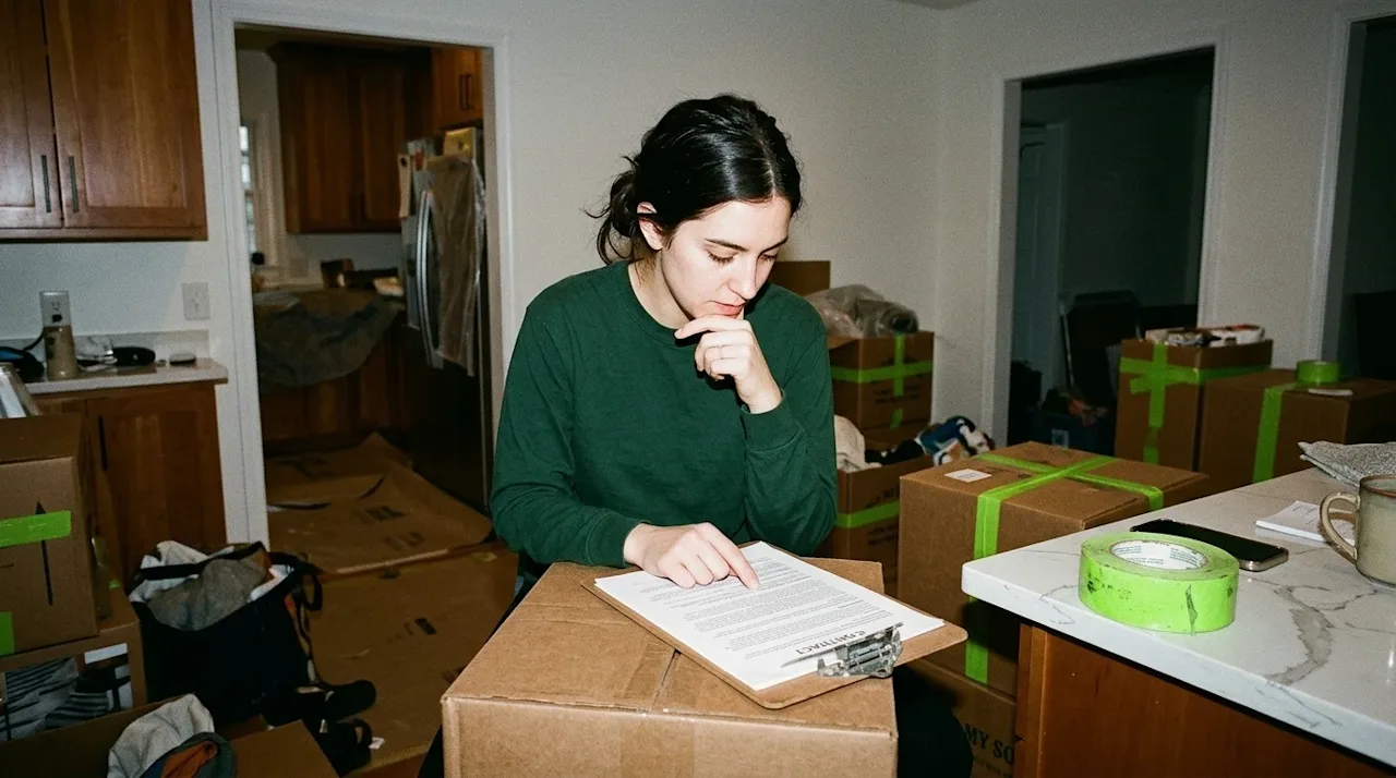 Candid, documentary-style 35mm photography of a person carefully scrutinizing a printed contract on a clipboard. The subject