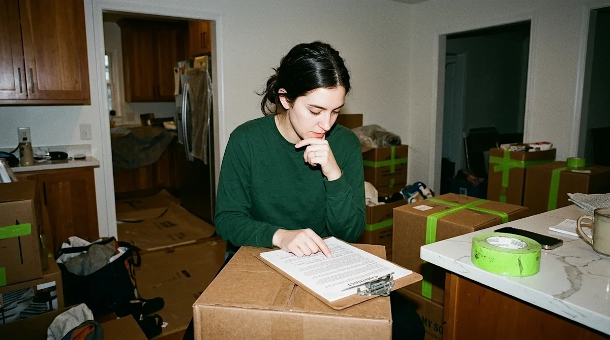 Candid, documentary-style 35mm photography of a person carefully scrutinizing a printed contract on a clipboard. The subject