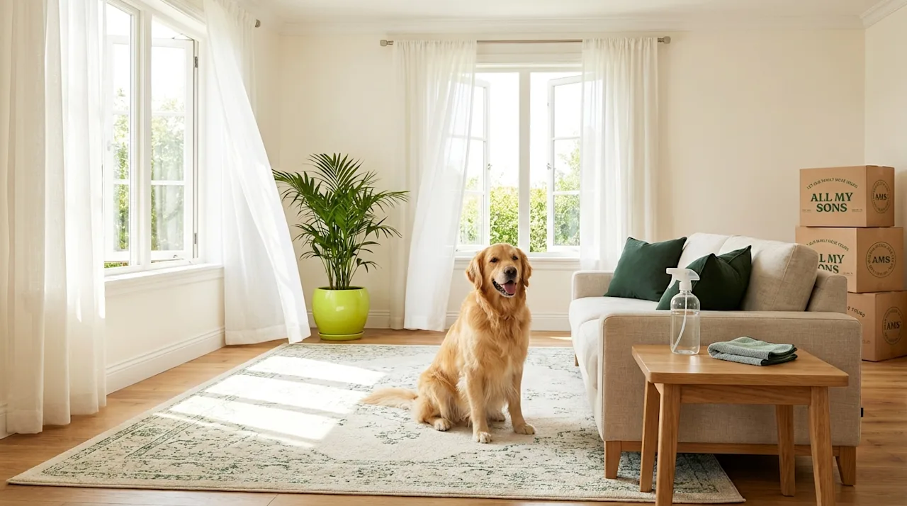 Golden retriever in clean living room with All My Sons moving boxes and pet odor spray on side table.