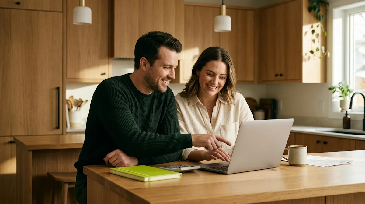 Clear, professional lifestyle marketing photography of a happy couple sitting together at a warm wooden kitchen island, smili