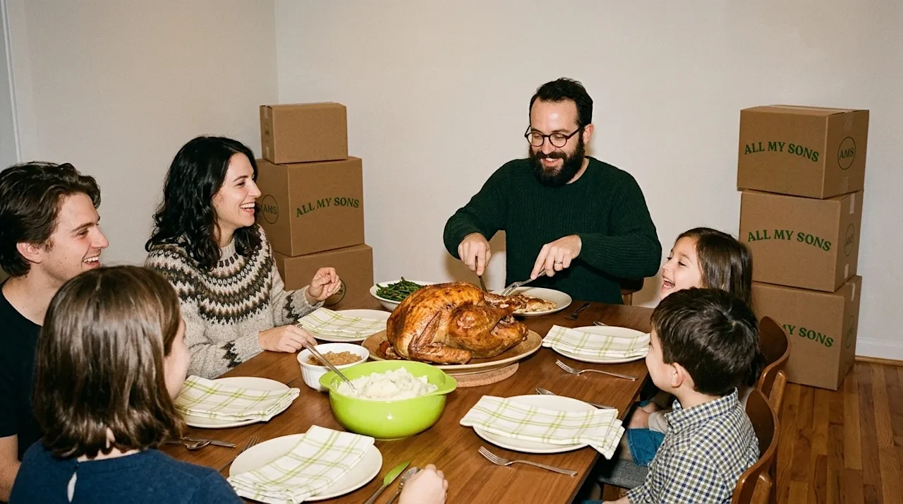 A candid, documentary-style 35mm film photograph of a warm, authentic family gathering around a dining table for Thanksgiving