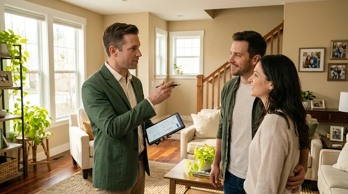 Clear and professional marketing photography of a home appraisal in progress. A professional appraiser wearing a subtle fores
