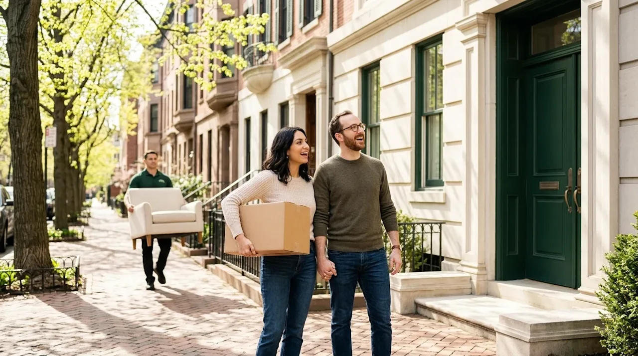 Professional marketing photography of a happy couple standing on a sunny, picturesque American city sidewalk, looking excited