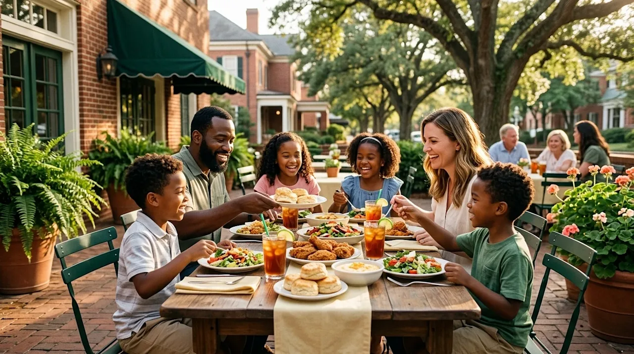 Candid 35mm film photography of a diverse, happy family enjoying a delicious meal at a beautiful outdoor patio restaurant in