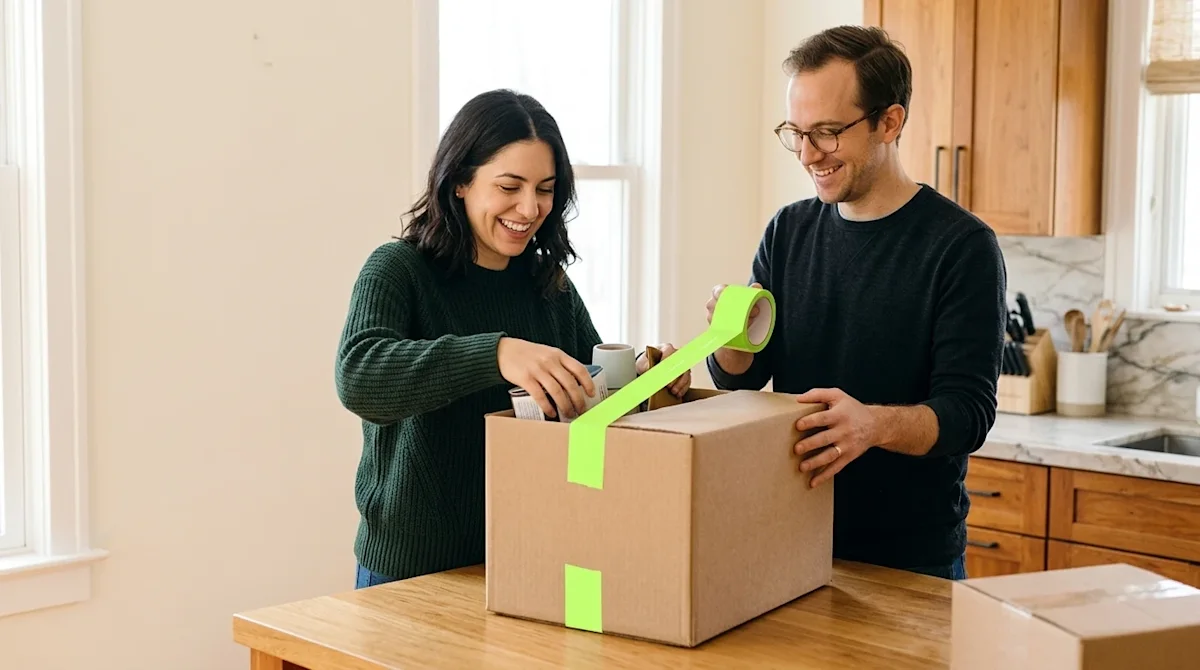 Clear and professional marketing photography of a smiling couple packing together in a warmly lit, inviting home interior. Th