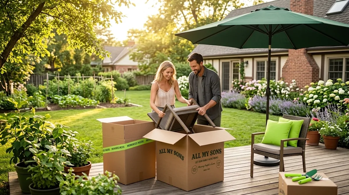 Professional lifestyle photography of a sunny, inviting backyard being spruced up for the summer. A cheerful couple is happil