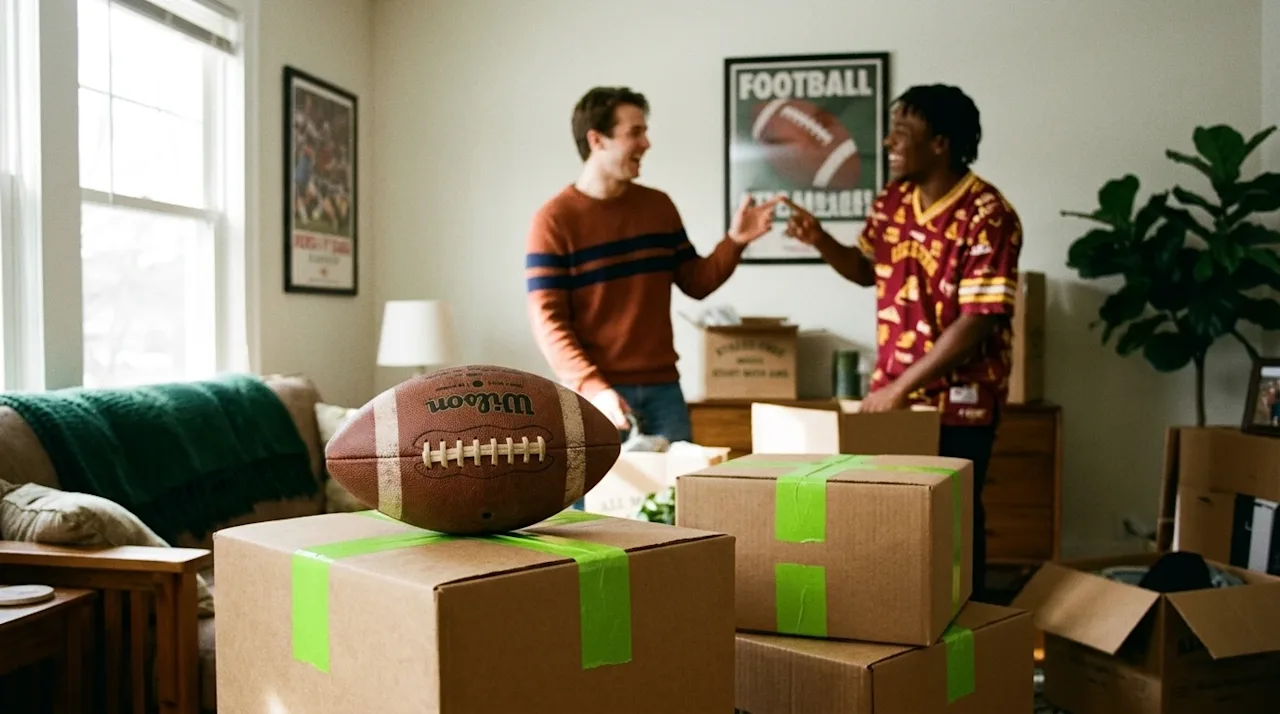 A candid, warm, 35mm film-style photograph of a living room on moving day, capturing the spirit of a historic college footbal