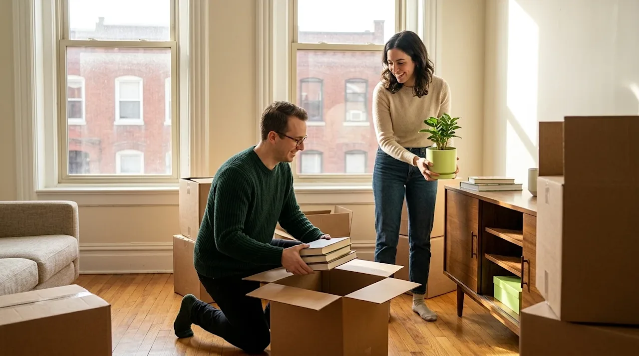 Two young adult roommates happily moving into a classic St. Louis apartment, decorating the space.