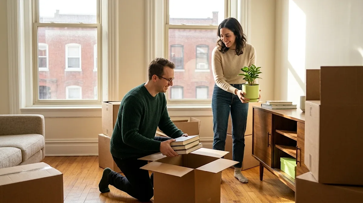 Two young adult roommates happily moving into a classic St. Louis apartment, decorating the space.