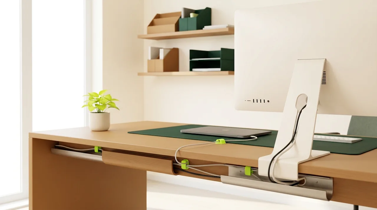 Organized modern workspace with lime green cable clips and a forest green desk mat on a tan wooden desk.