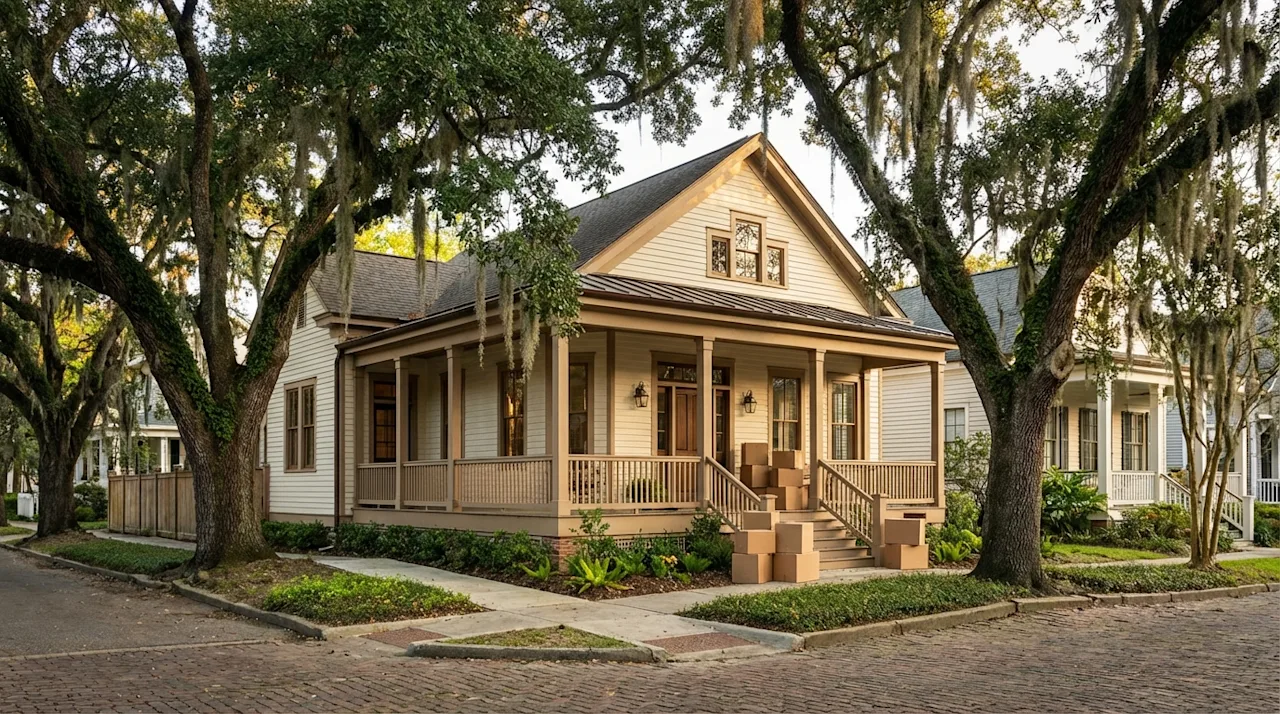 Moving boxes stacked on the porch of a historic Baton Rouge home framed by moss-draped oak trees.