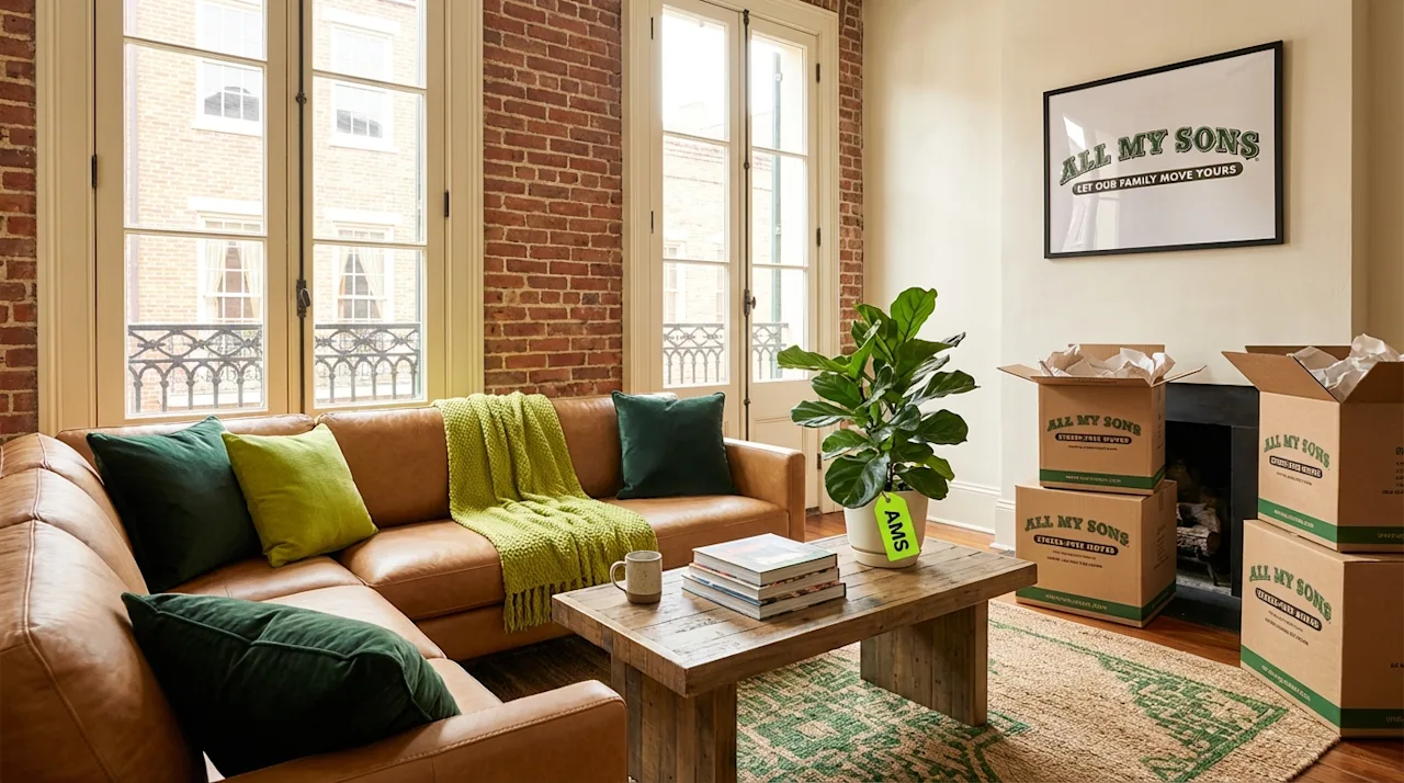 Stylish living room with exposed brick, leather furniture, green accents, and All My Sons moving boxes.