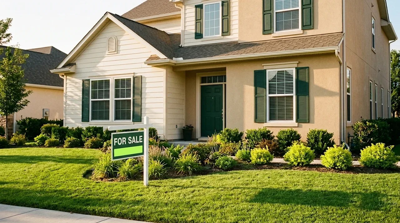 A warm, authentic 35mm film-style photograph of a beautiful, picturesque suburban home that is quietly sitting unsold on the