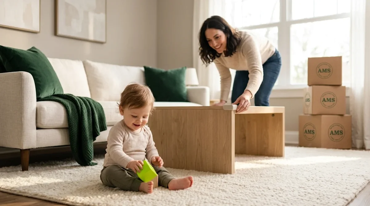 Professional lifestyle marketing photography of a bright, warm living room being set up for a kid-safe environment after a re