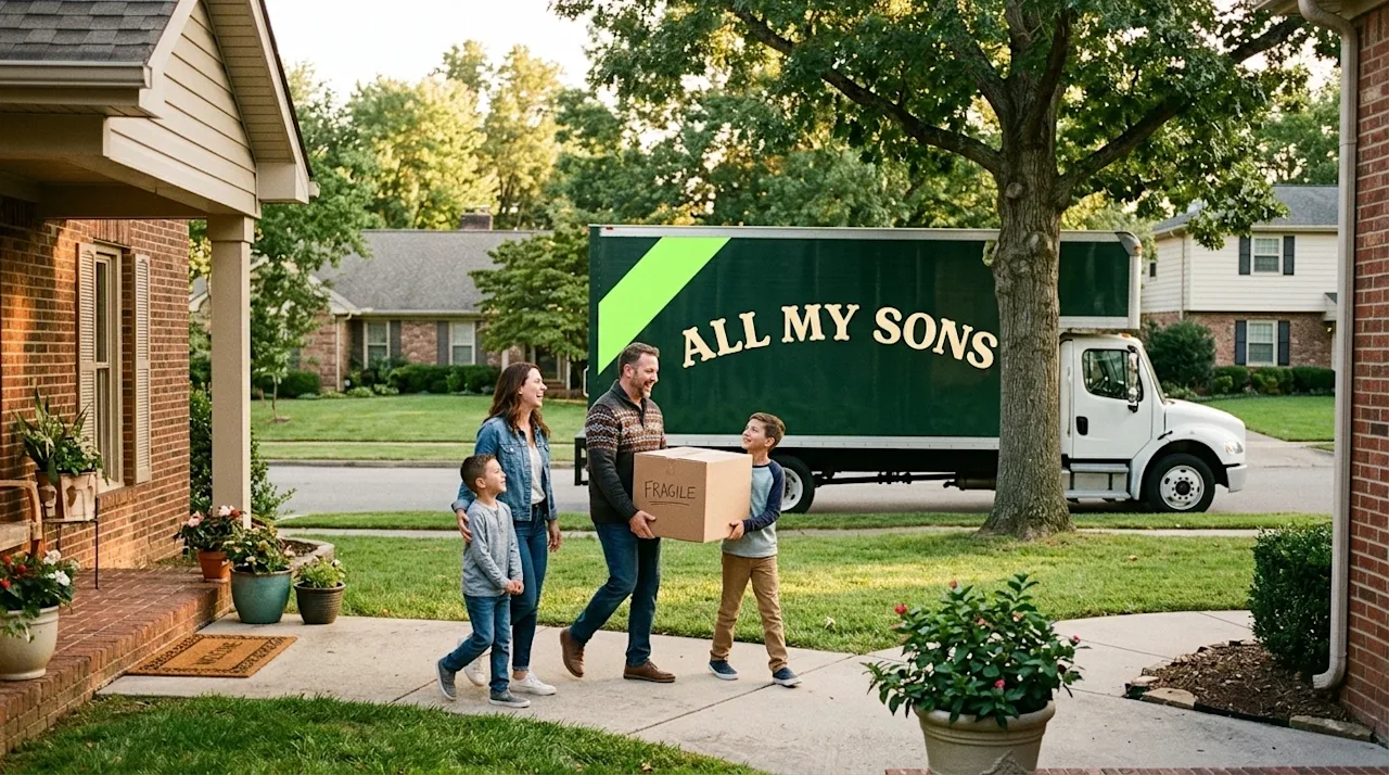 A high-quality, authentic 35mm film style photograph capturing the optimistic feeling of moving into a new neighborhood. A ha