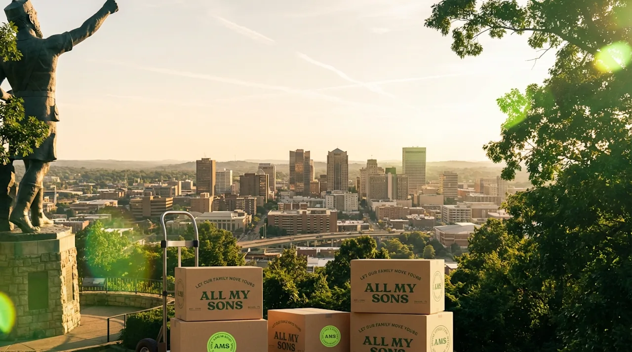 All My Sons moving boxes overlooking the Birmingham Alabama skyline from the Vulcan statue at sunset.