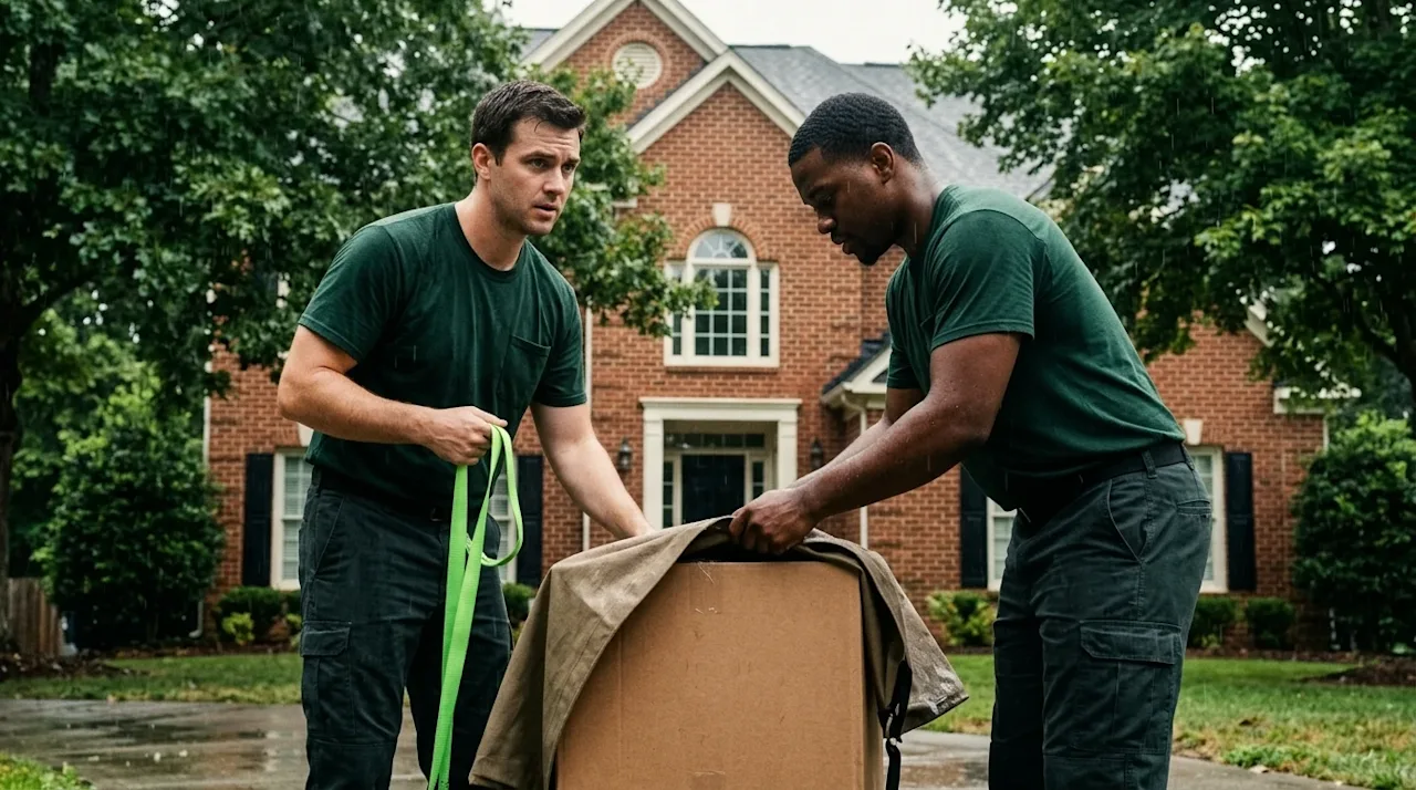 Professional marketing photography of two professional movers working diligently in the driveway of a traditional brick home