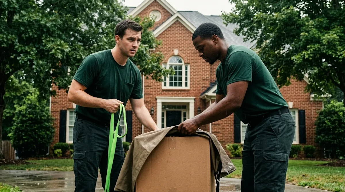 Professional marketing photography of two professional movers working diligently in the driveway of a traditional brick home