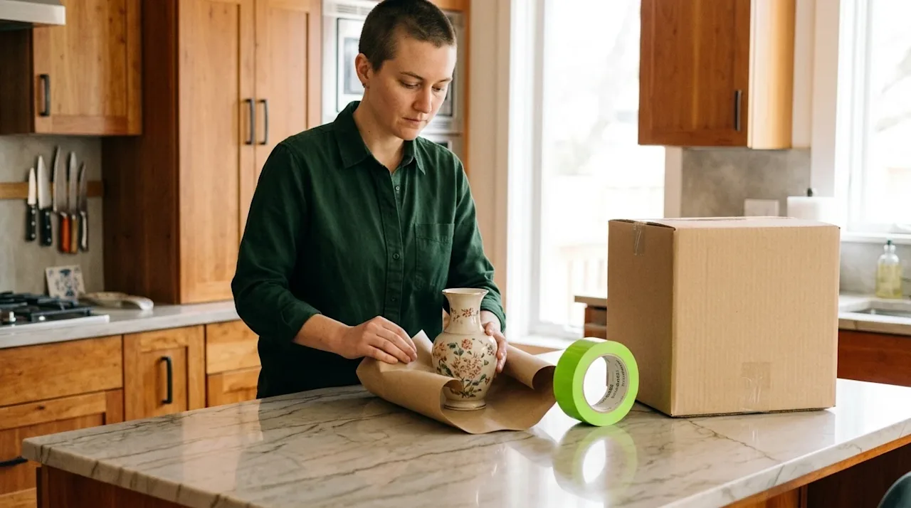 Clear and professional marketing photography, lifestyle approach. A focused professional packer wearing a solid dark forest g