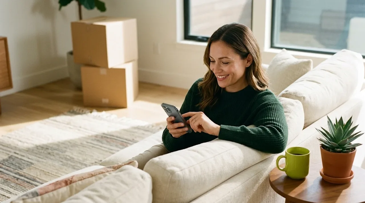 Professional lifestyle photography of a relaxed person sitting on a warm cream-colored sofa in a sunlit, contemporary living
