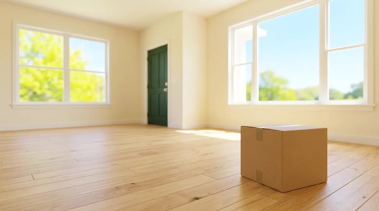 Professional marketing photography of a bright, vacant home interior. A spacious, empty living room featuring pristine natura